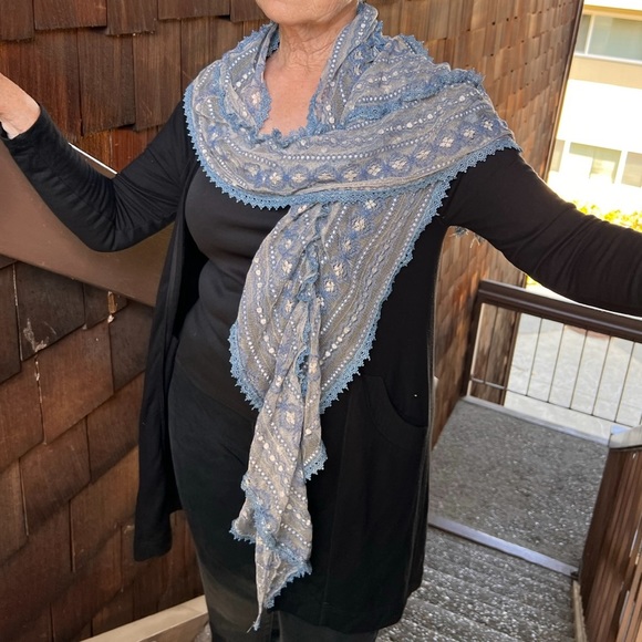 Scarf-Powder Blue lace ruched oblong scarf, 70” - Picture 8 of 10